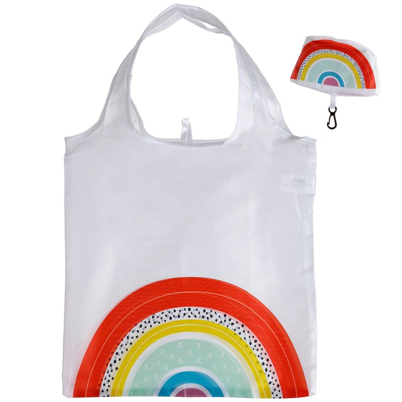rainbow foldable reusable shopping bag with clip-on pouch, made from polyester for easy storage