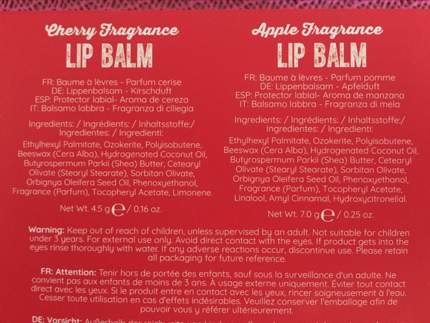 christmas mad beauty elf duo lip balm packaging rear showing ingredients and information