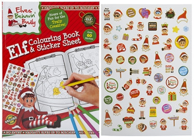 christmas elf colouring book & sticker sheet, festive illustrations of elves, includes stickers for added creative fun, ideal holiday activity for children