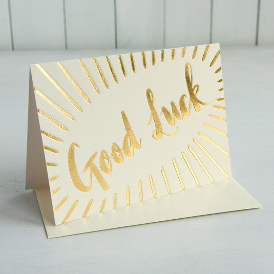 good luck card with gold foil lettering and envelope for new beginnings and milestones