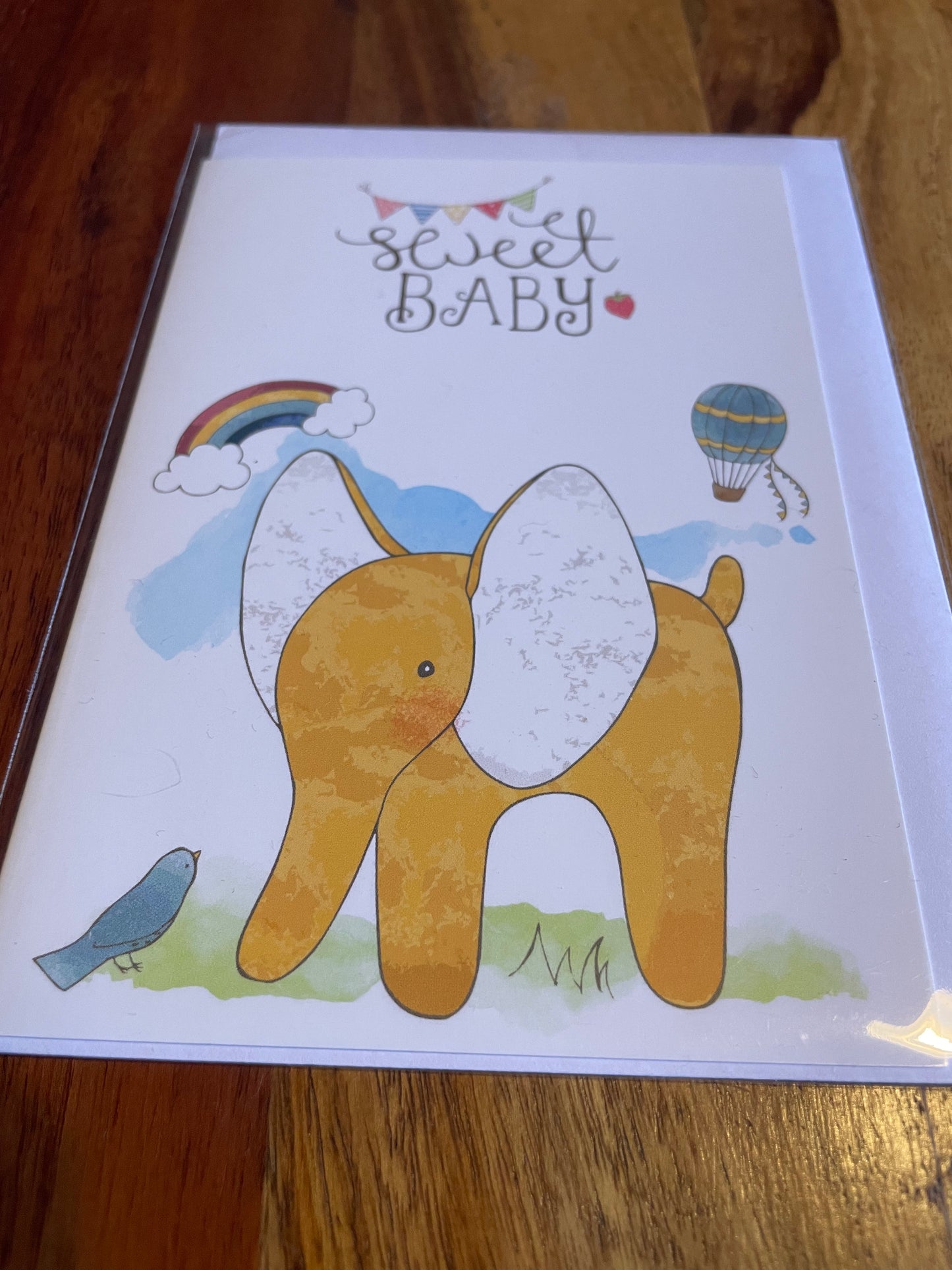 sweet baby card with elephant design for newborn gifts, baby showers, or first visits