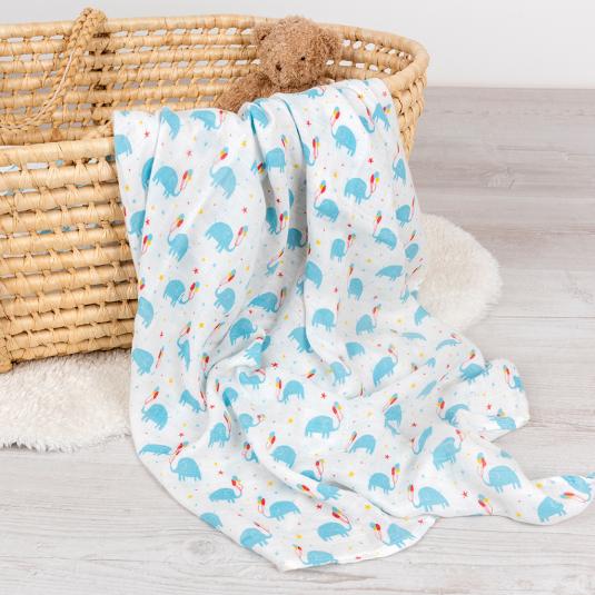 Baby bamboo and cotton muslin swaddling blanket with elephant print, gentle breathable muslin blanket for babies