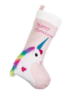 christmas unicorn stocking with festive unicorn design hanging filled with stocking fillers and gifts