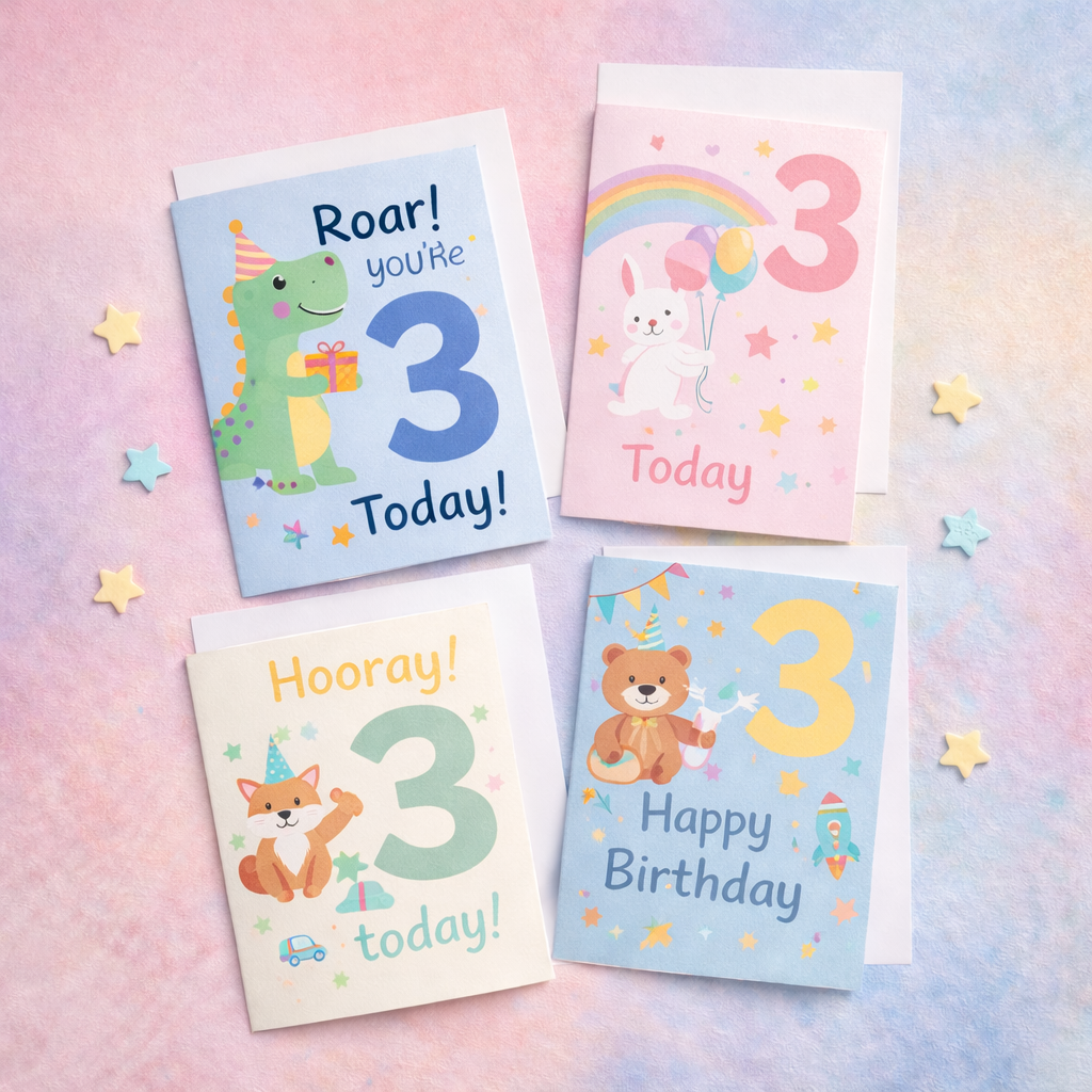 3rd birthday cards collection featuring playful and gentle designs for celebrating turning three