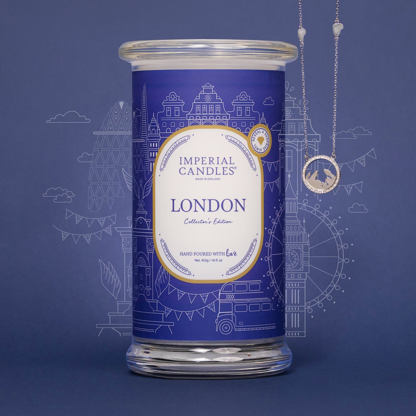 london imperial candle with necklace surprise shown alongside example jewellery gift