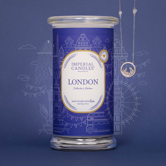 london imperial candle with necklace surprise shown alongside example jewellery gift