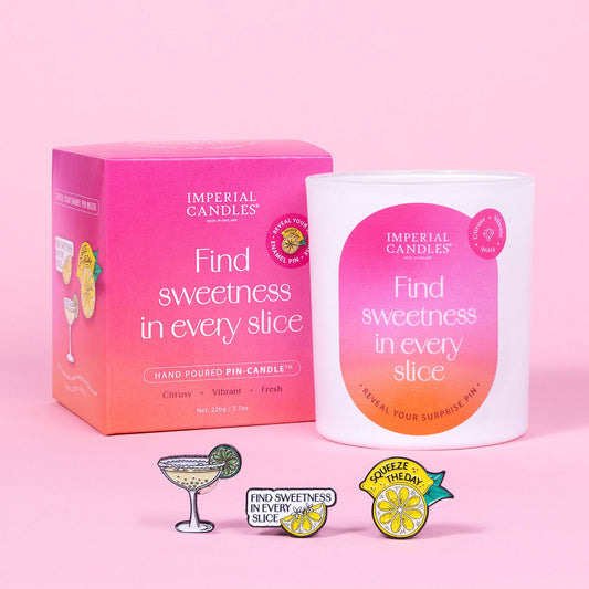 find sweetness in every slice imperial candle boxed with enamel pin variants displayed