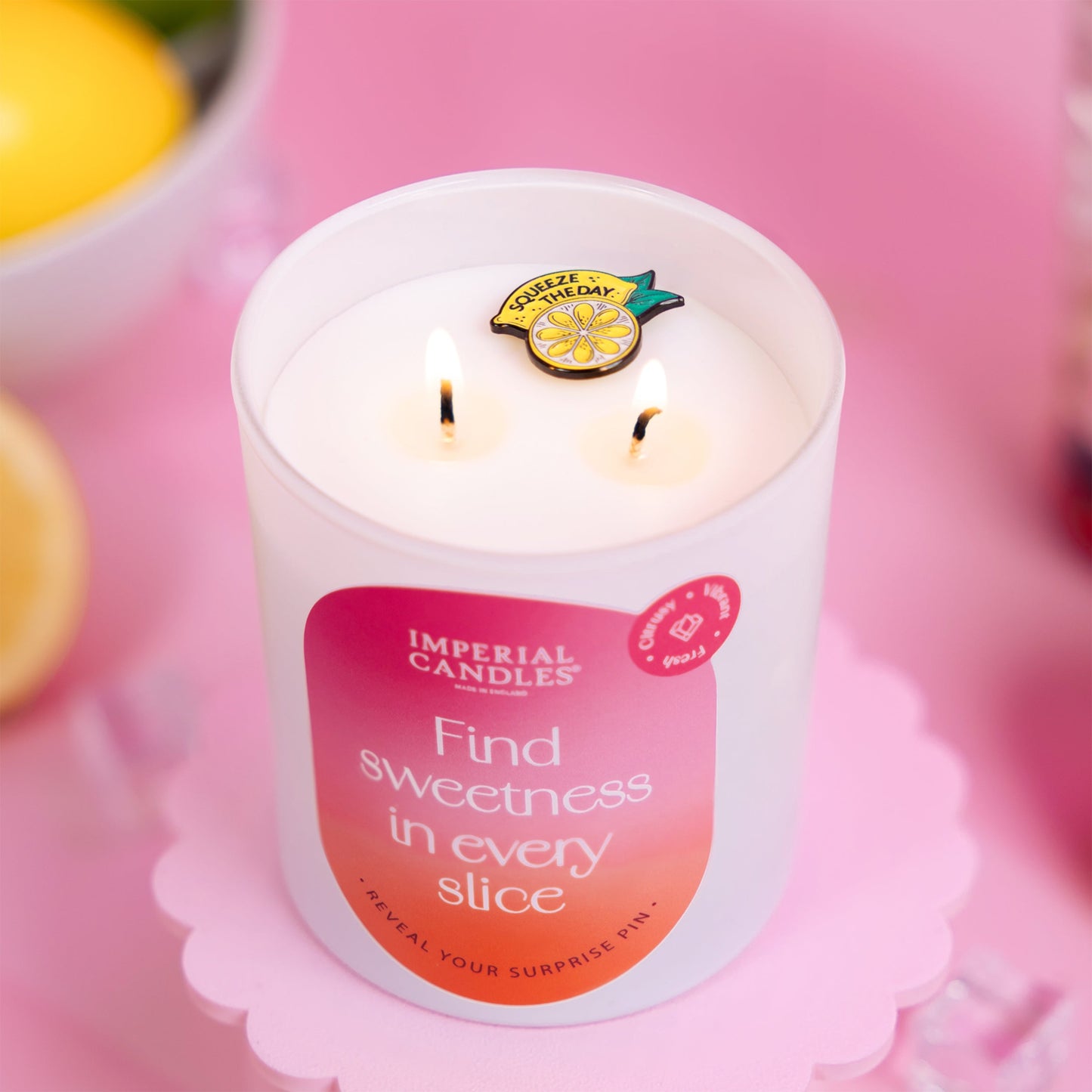 find sweetness in every slice imperial candle top view with enamel pin
