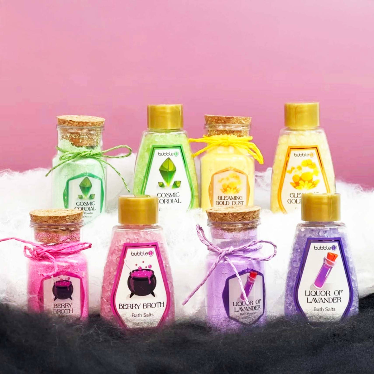 bubble t potion bath salts displayed together