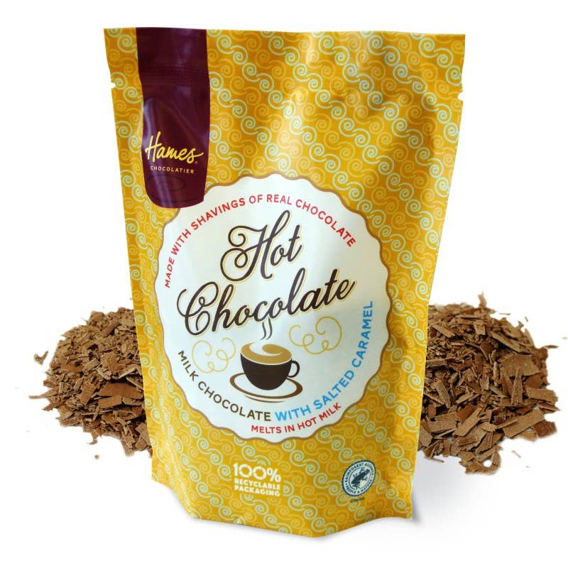 hames caramel and sea salt hot chocolate shavings in 115g recyclable pouch