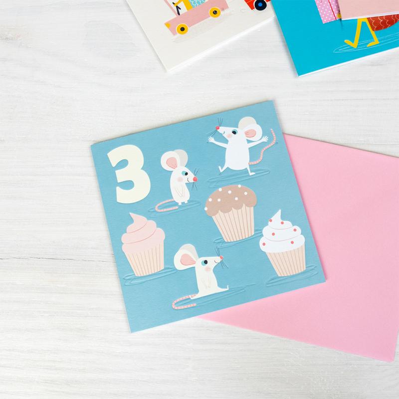 age 3 birthday card mouse shown front on, featuring a cute illustrated mouse design on square card with soft colours and a debossed matte finish