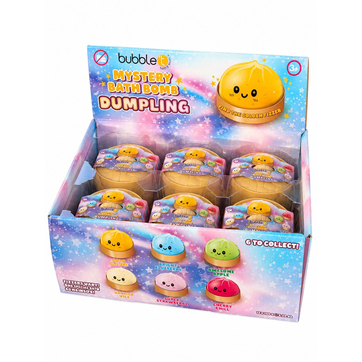 bubble t mystery dumpling bath fizzers displayed in retail box