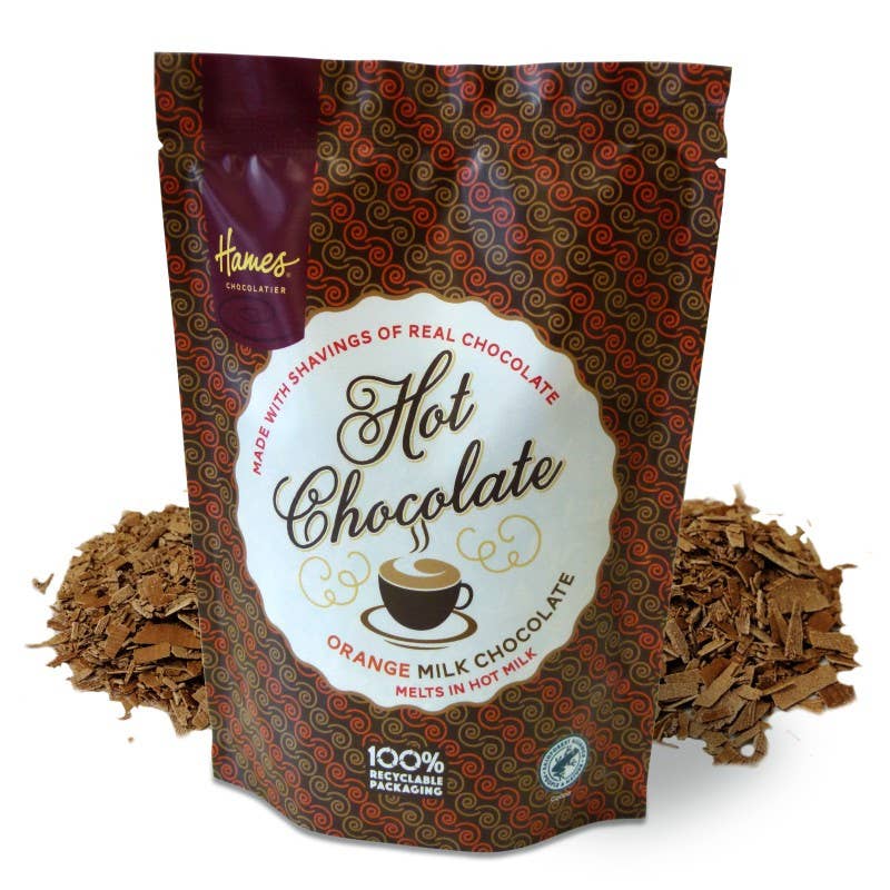 hames orange flavour hot chocolate shavings in 115g recyclable pouch
