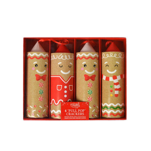 christmas crackers pull pop gingerbread design, box of four gingerbread-themed crackers, includes novelty hat, motto, snap, and origami sheets