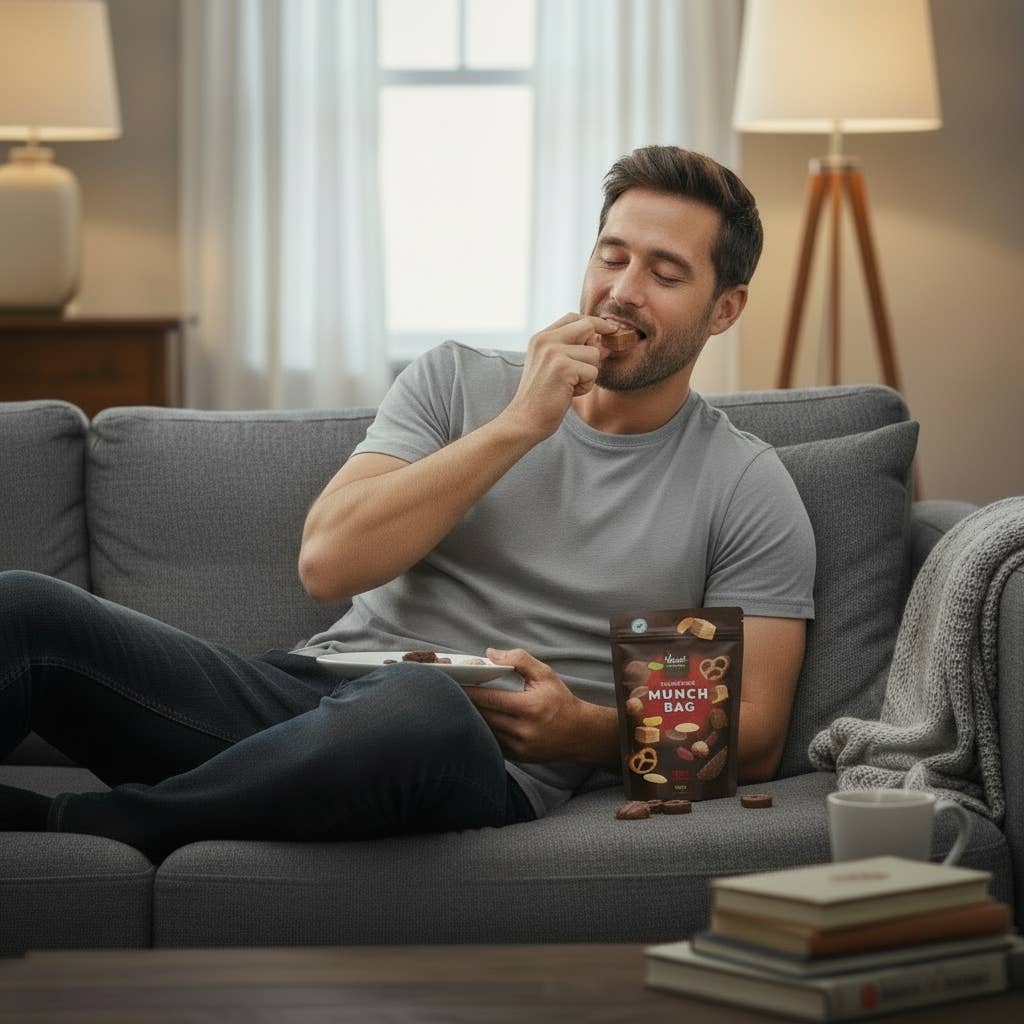 man eating marvellous munch chocolate and sweet treats straight from the pouch