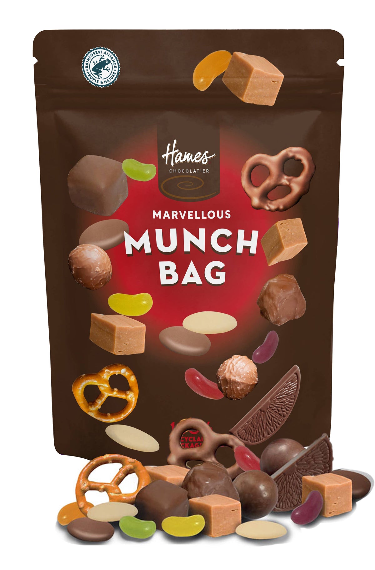 marvellous munch chocolate and sweet treat pouch with assorted confectionery displayed
