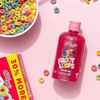 bubble t kellogg’s froot loops shower gel front view with focus on the vibrant colours