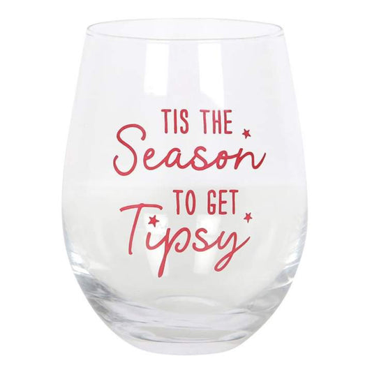 christmas 'tis the season stemless wine glass, playful phrase ‘tis the season to get tipsy, perfect for holiday drinks and gatherings