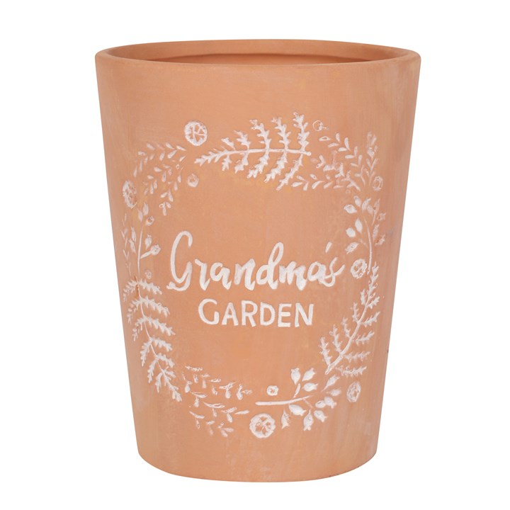 grandma’s garden terracotta plant pot with sentimental wording for indoor or outdoor plants