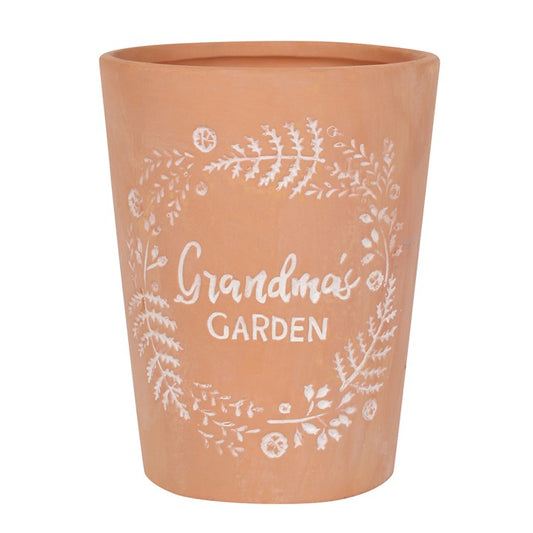 grandma’s garden terracotta plant pot with sentimental wording for indoor or outdoor plants