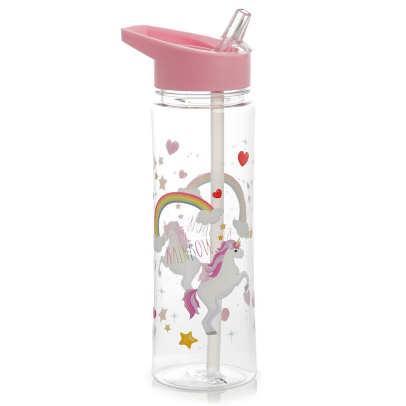 unicorn water bottle with flip straw lid and enchanted rainbows unicorn design