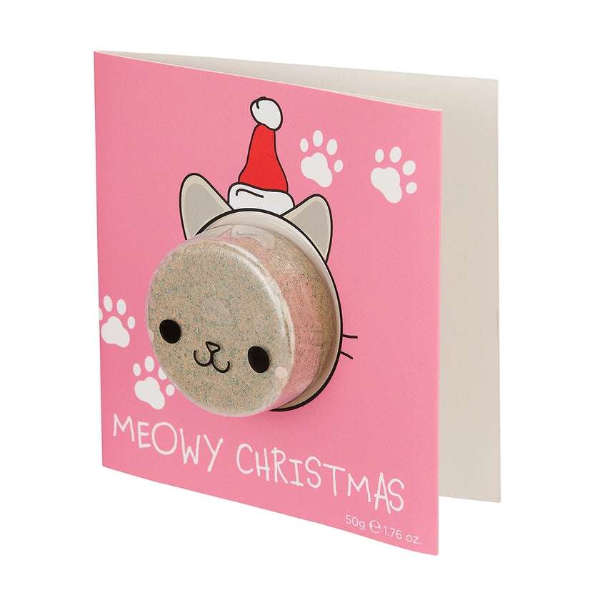 bubble t meowy christmas card bath bomb with festive design featuring christmas cat and bath bomb inside