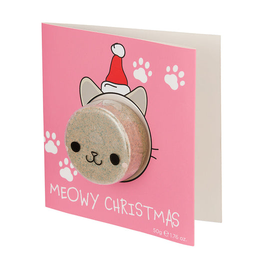bubble t meowy christmas card bath bomb with festive design featuring christmas cat and bath bomb inside
