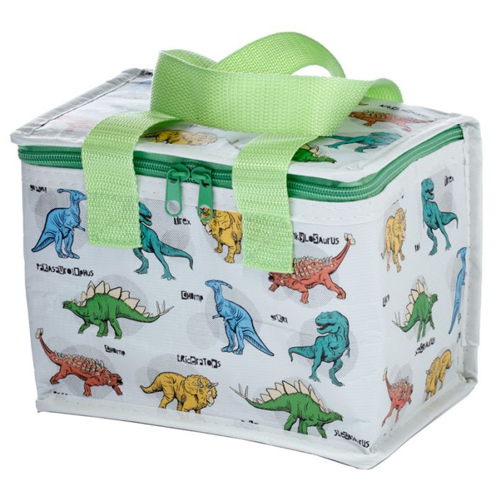 Dinosaur insulated lunch cool bag for children made from recycled plastic bottles, kids eco-friendly food bag