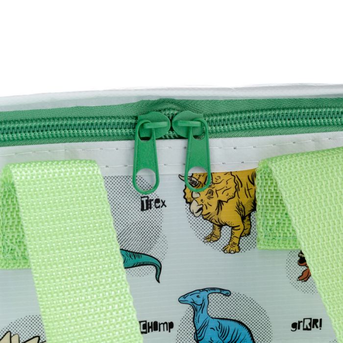 Close-up of dinosaur print recycled lunch cool bag for children, insulated RPET material