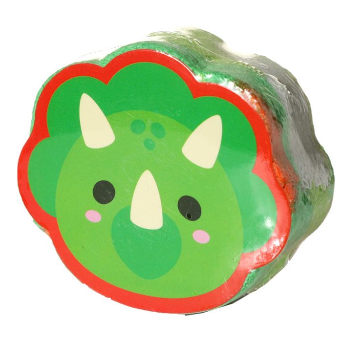 Single dinosaur compressed travel towel showing compact disc shape with triceratops  illustration