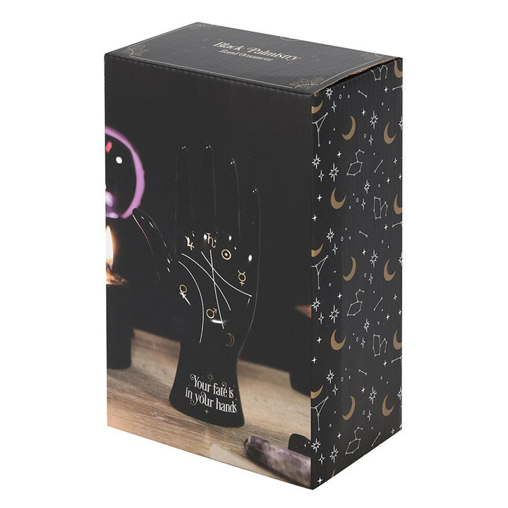 boxed ceramic palmistry hand ornament presented in retail packaging