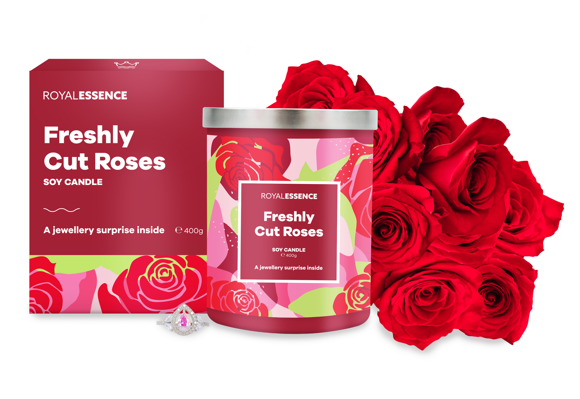 luxury soy candle with fresh rose scent and jewellery surprise inside
