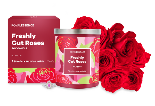 luxury soy candle with fresh rose scent and jewellery surprise inside