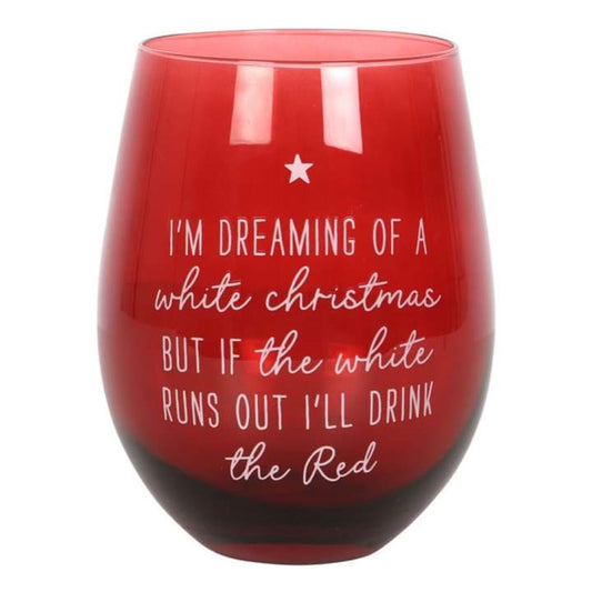 christmas stemless wine glass with dreaming of a wine christmas festive slogan