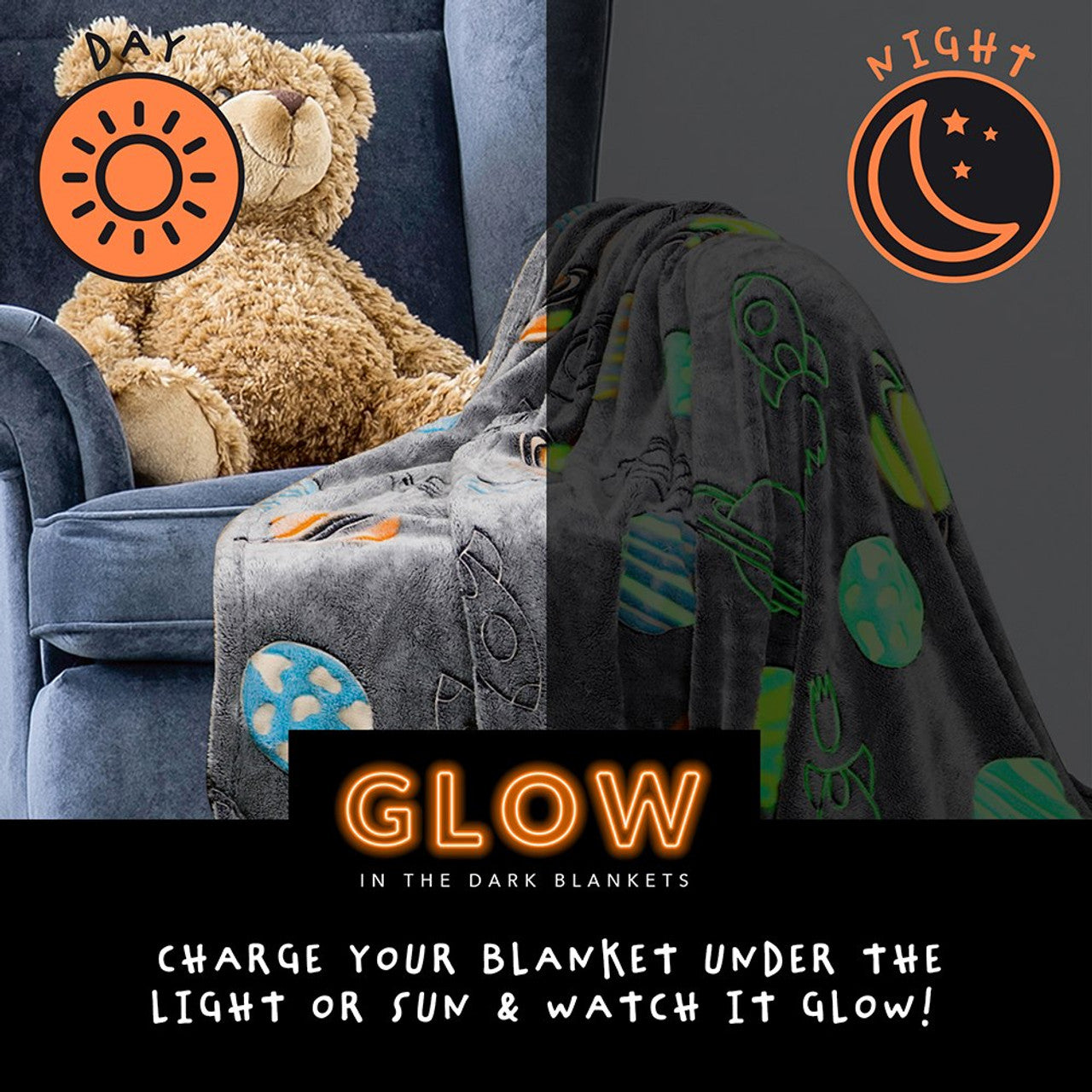 Children’s space themed fleece throw blanket draped over bed or sofa, soft polyester blanket for kids