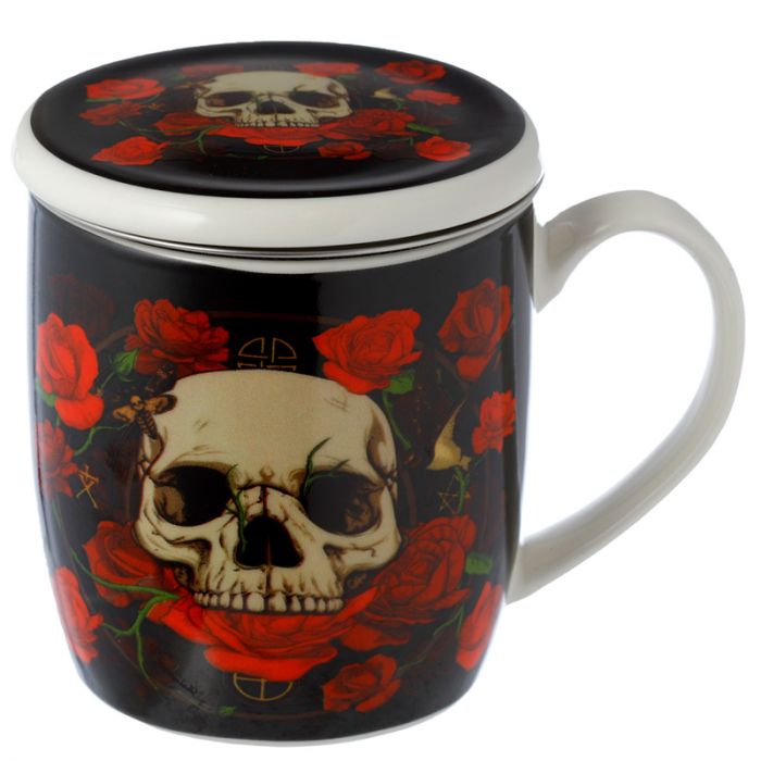 q porcelain tea infuser with a skull and roses design, featuring a lid with a similar pattern.