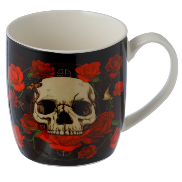 skulls and roses porcelain mug shown without infuser or lid