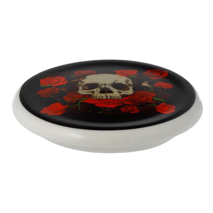 matching lid or coaster shown for skulls and roses tea infuser mug set