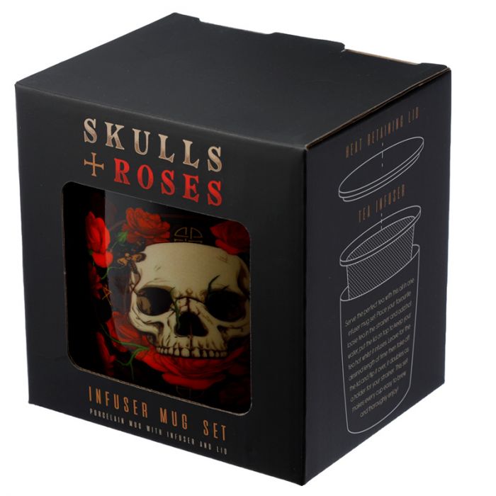 skulls and roses tea infuser mug set packaging front view angled