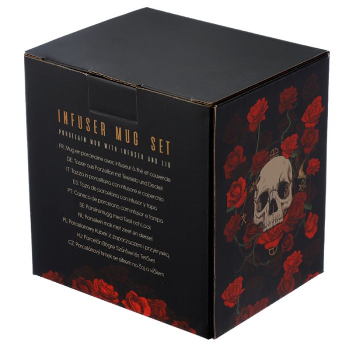 skulls and roses tea infuser mug set retail box shown from alternate front angle