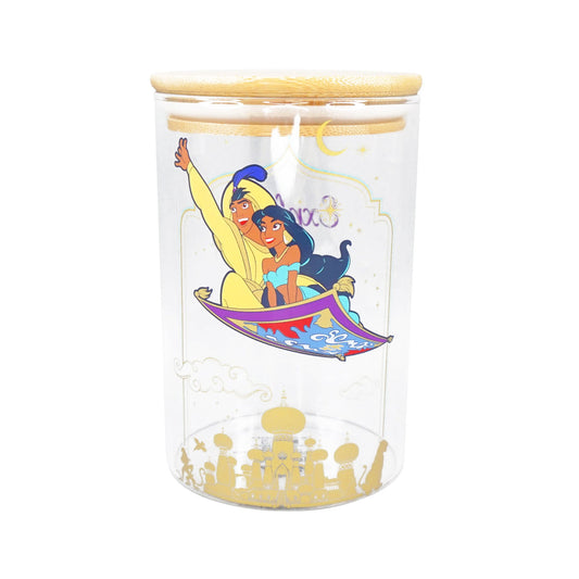 Disney Aladdin glass storage jar Aladdin and Jasmine flying carpet design