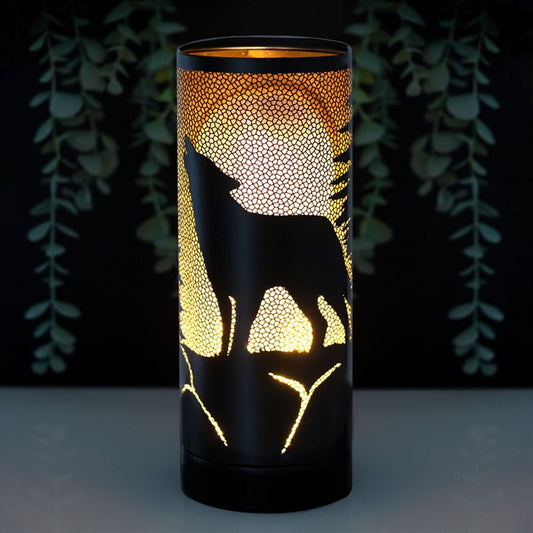 lisa parker wolf song metal aroma lamp lit in home setting showing wolf moon design