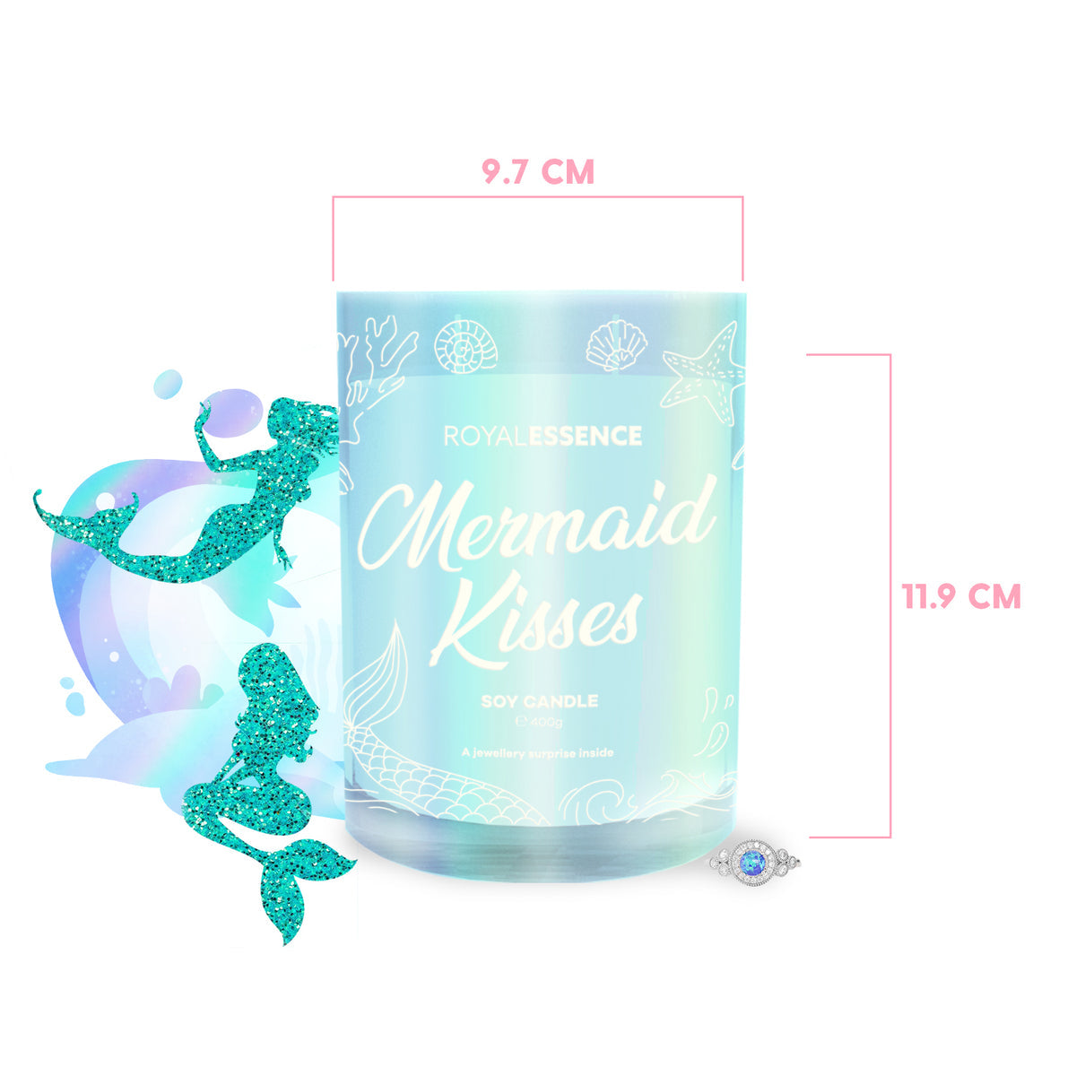 royal essence mermaid kisses candle with mermaids and measurements