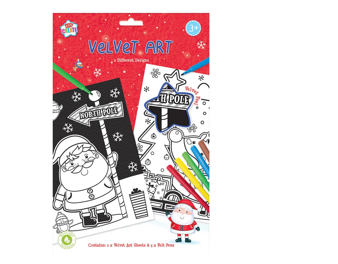 christmas velvet art kit with festive scenes and felt pens for children activity
