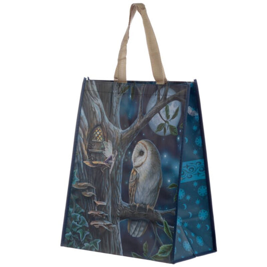 lisa parker fairy tales reusable shopping bag featuring enchanting owl and fairy artwork