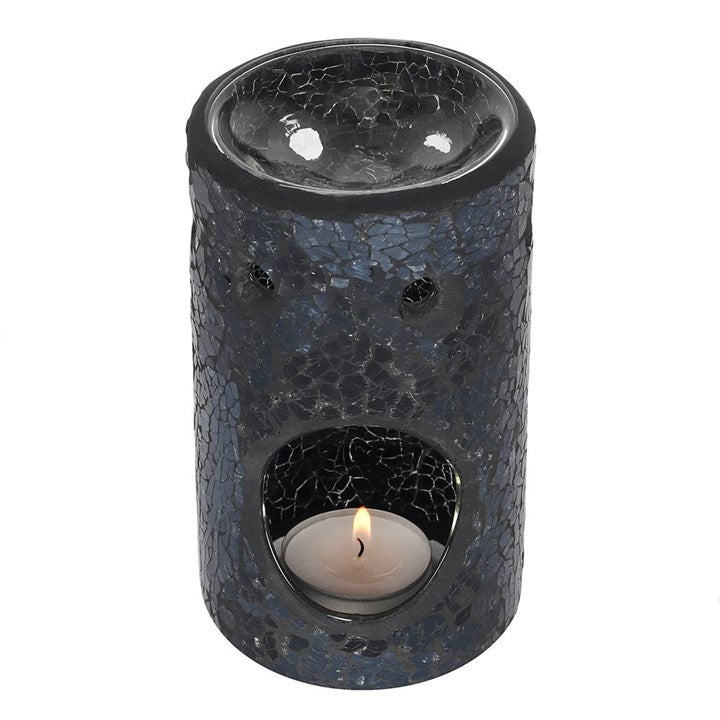 front view of pillar crackle glass oil burner with tealight in place for home fragrance use