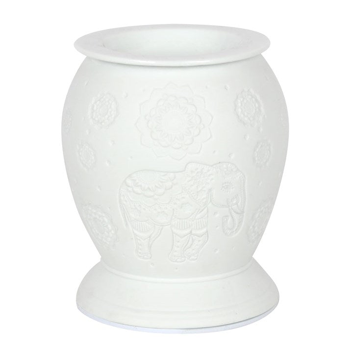 elephant wax burner front view showing decorative elephant pattern and smooth ceramic finish