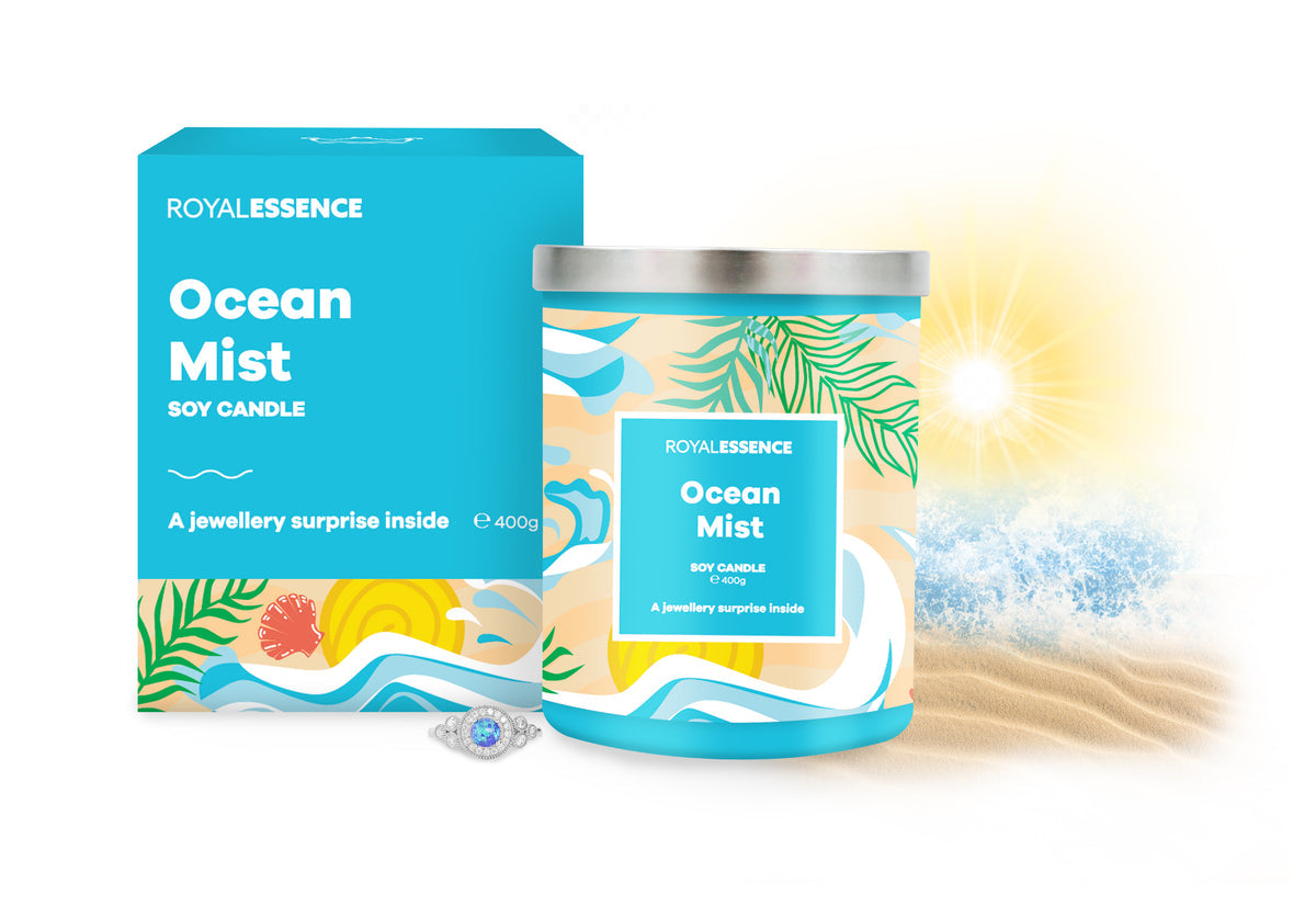 sealed royal essence ocean mist candle with silver lid and colourful tin