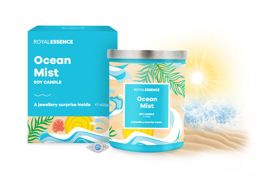 sealed royal essence ocean mist candle with silver lid and colourful tin