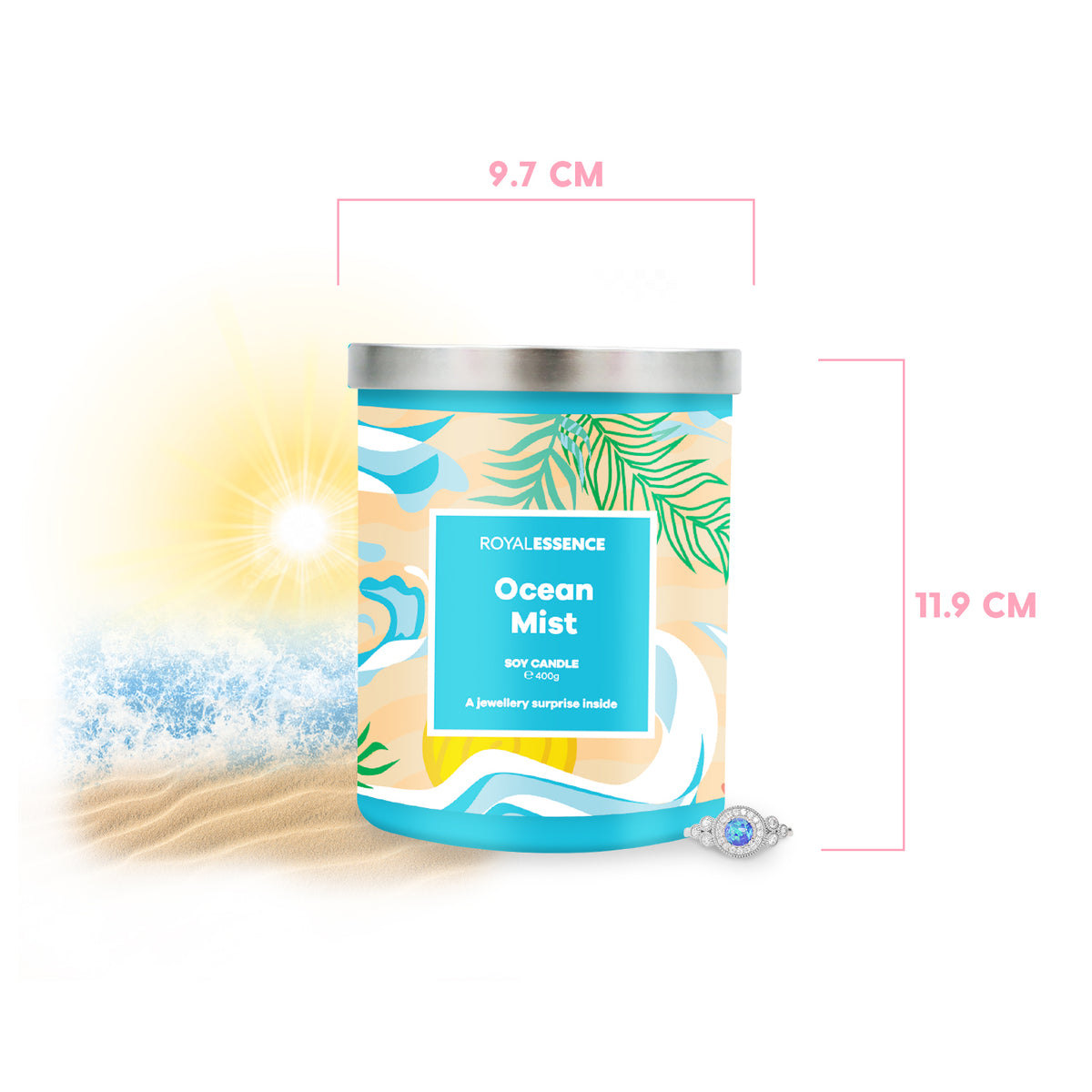 front view of sealed royal essence ocean mist candle with metallic lid